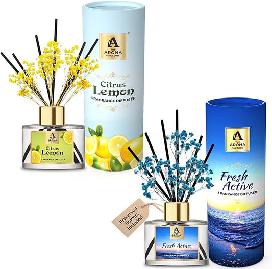 The Aroma Factory Fragrance Reed Diffuser Set with Natural Essential Oil, Aroma Sticks & Real Preserved Flowers | Luxury Home Decor Scent (Citrus Lemon & Fresh Active, 2 Pack)