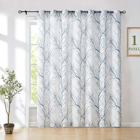FMFUNCTEX Blue White Sliding Glass Door Curtain 84 Inches Long Branch Tree Print 100 Inch Extra Wide Linen Semi Sheer White Grommet Curtain for Living Room Patio Door Room Divider Curtain 1 Panel