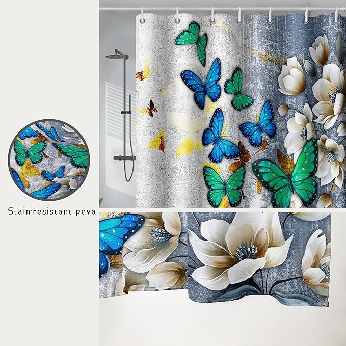 AILONEN Colorful Butterfly Shower Curtain for Girls Women Retro Flower Butterfly Bathroom Decor,Flying Butterfly Vintage Bath Curtain 72" W*78" H Polyester Waterproof Bathroom Curtain with 12 Hooks