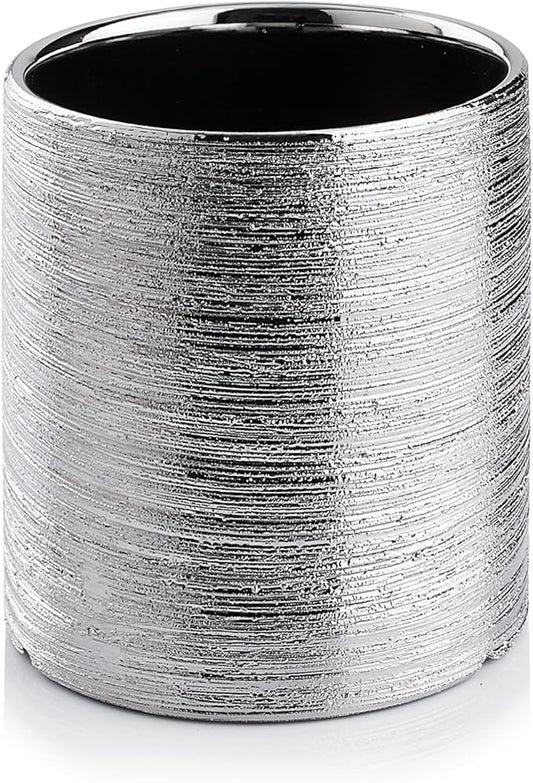 WGVI Silver Etched Ceramic Cylinder Vase Width 3.75" Height 4", Flower Arrangements, Candle Holder, Terrarium Planter Pot, Storage Container Organizer, Pen Brush Holder, Scratched Texture, 1 Piece