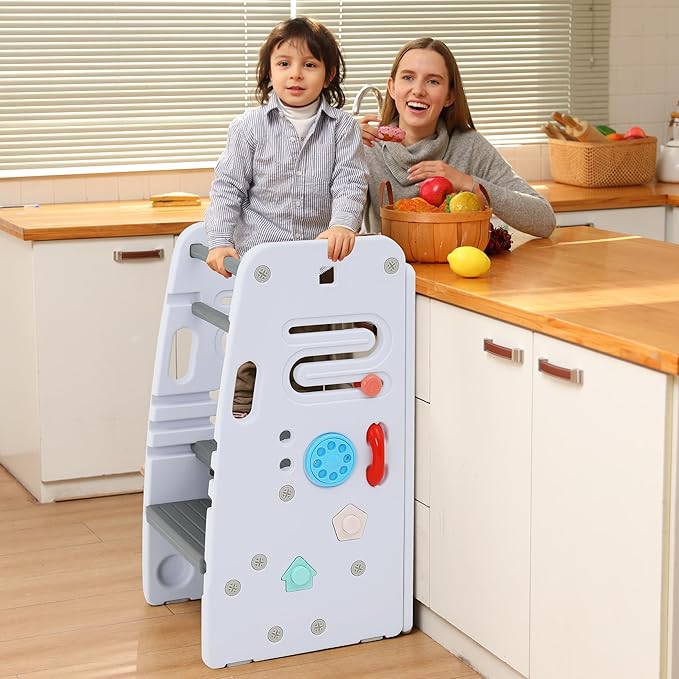 SDADI Multifunctional Toddler Tower with Double Safety Rails - Adjustable & Non-Slip for Kitchen and Bathroom Use - Montessori Step Stool for Kids, White and Dark Gray