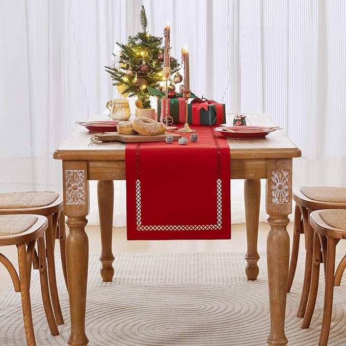 Burlap Style Farmhouse Table Runner, 13 x 72 Inch Red, Rustic Geometric Hollow Table Runners 72 Inches Long for Dresser Table Everyday Use, 13x72 Inches, Red