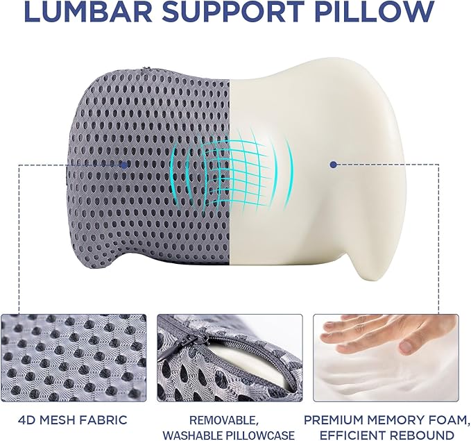 Lumbar Support Pillow for Office Chair, Car Lumbar Pillow Lower Back Pain Relief, Memory Foam Back Cushion with 4D Mesh Cover and Adjustable Straps, Ergonomic Chair Back Pillow for Car,Bed, Gaming