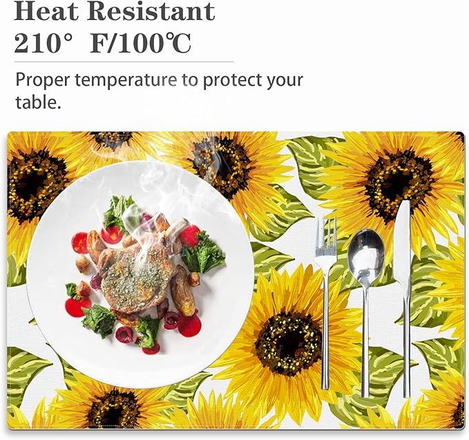 Floral Placemats Set of 4 Sunflower Place Mats Indoor Summer Yellow Linen Table Placemats Washable Wipeable Waterproof Heat Resistant Kitchen Place Mats for Dining Tables, 18 X 12 Inch