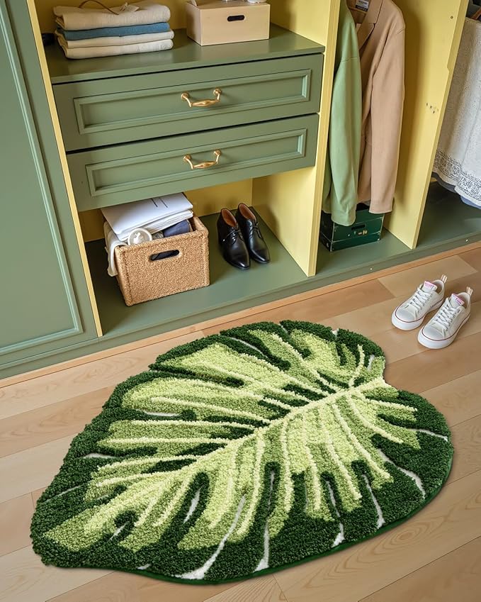 LUMI Cute Bathroom Rugs with Green Leaf Plant, Soft, Fluffy, Plush, Absorbent, Quick Dry, Non Slip, Machine Washable for Shower Floor, Bathroom, Bedroom,Kids Room, 23.5"x31.5", Monstera