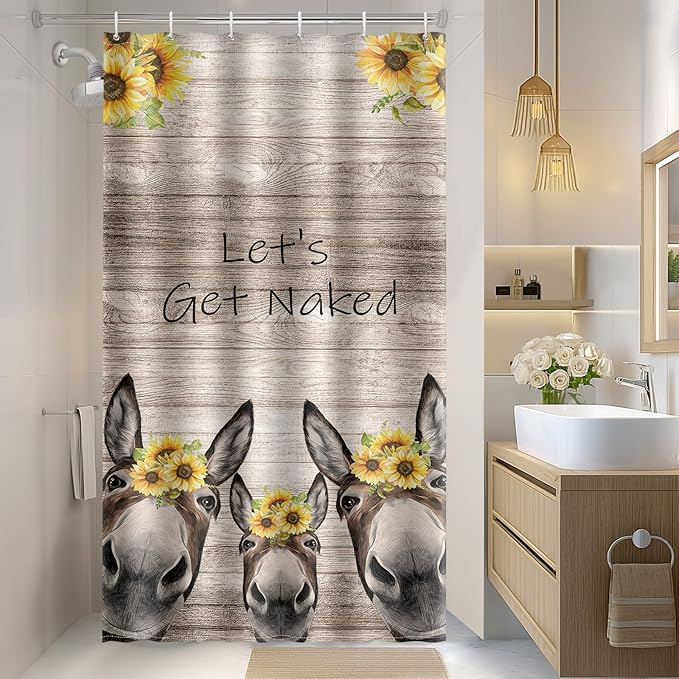 Aimego Stall Small Shower Curtain - Farmhouse Get Naked Donkey Sunflower Wooden Rustic Country Narrow Half Fabric Cloth Shower Curtain Set for Bathroom Decor Accessories Bath Curtain, 36"x72"
