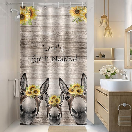 Aimego Stall Small Shower Curtain - Farmhouse Get Naked Donkey Sunflower Wooden Rustic Country Narrow Half Fabric Cloth Shower Curtain Set for Bathroom Decor Accessories Bath Curtain, 36"x72"