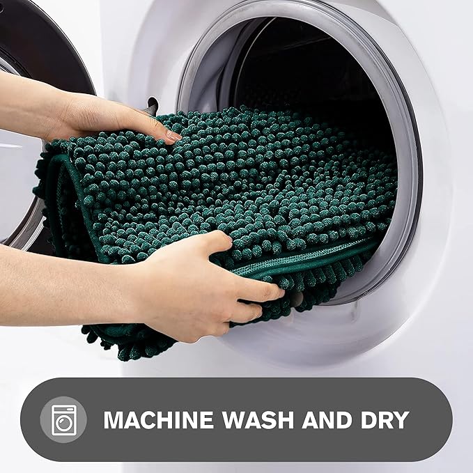 Dark Teal 47 x 17 Bathroom Rugs – Absorbent and Washable Bath Mat, Non-Slip, Thick Soft Chenille Bath Rugs for Bathroom Floor, Shower, Sink