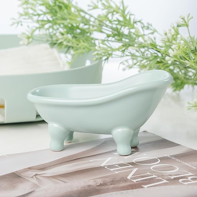 5.6" Ceramic Mini Bathtub Soap Dish Decortative Clawfoot Bathroom Soap Dish (Green)