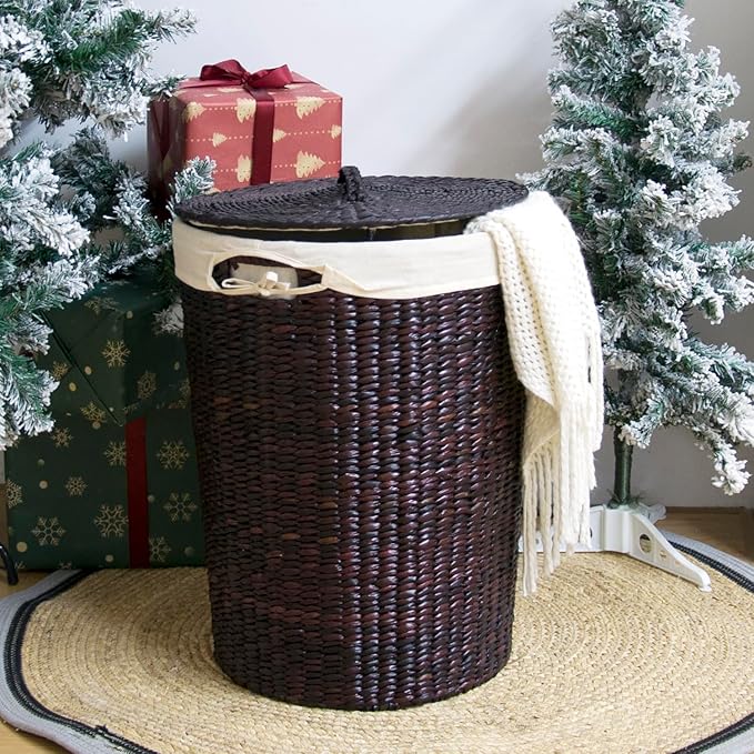 Handmade Wicker Laundry Basket with Lid,Hand-woven Laundry Hamper with Removable Liner,Large Laundry Basket with Ample Laundry Space,Coffee