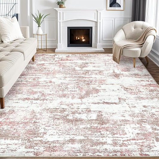 Area Rugs for Living Room: 8x10 Abstract Washable Rug Modern Neutral Large Soft Stain Resistant Non-Slip Backing Machine Table for Bedroom Dining Room Indoor Home Office Carpet - Pink