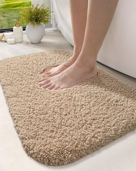 DEXI Bathroom Rug Mat 24x16, Extra Soft and Absorbent Bath Rugs, Washable Non-Slip Thick Carpet Mat for Shower Floor, Tub, Beige