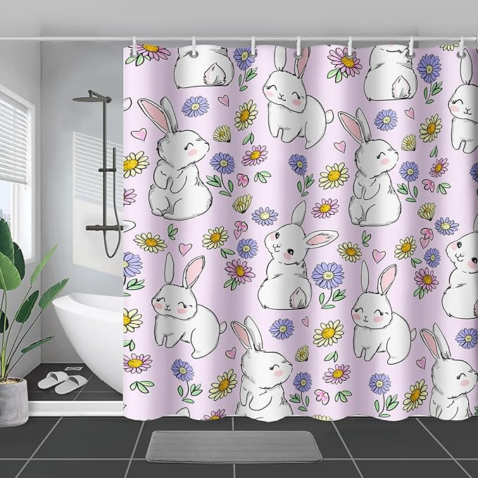 AILONEN Rabbit Bunny Shower Curtain for Bathroom,Cute Animal Shower Curtain Colorful Flower Decor Bath Curtain 60" W*72" H Polyester Fabric Waterproof Bathroom Bathtub Curtain with 12 Hooks