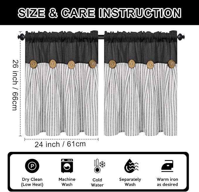 ASPMIZ Cotton Linen Window Treatment Tiers 24 Inch, Boho Rustic Kitchen Curtains Farmhouse, Black with Grey Stripe Half Window Curtain, Country Short Rod Pocket Curtains for Small Window, 2 Panels