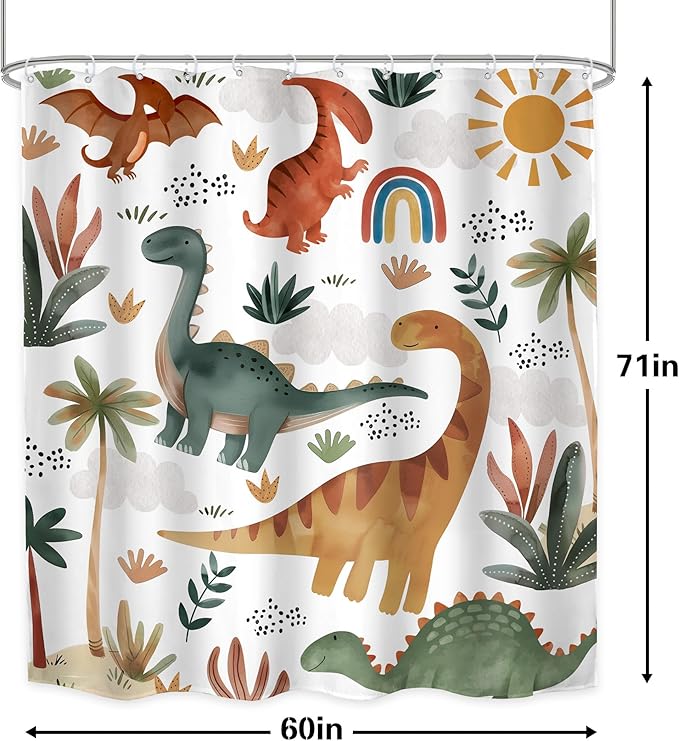 LGhtyro Kids Dinosaur Shower Curtain Bathroom Set 60Wx71H Inches Boys Cartoon Cute Dino Trex Raptor Jungle Animal Rainbow Sun Bath Accessories Watercolor Tree Plant Art Home Decor Fabric 12 Pack Hooks