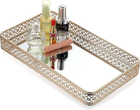 ELLDOO Gold Perfume & Makeup Vanity Tray - Hollow-Carved Jewelry Storage, Glass & Metal Trinket Organizer for Dresser & Bathroom Countertop, Large Size