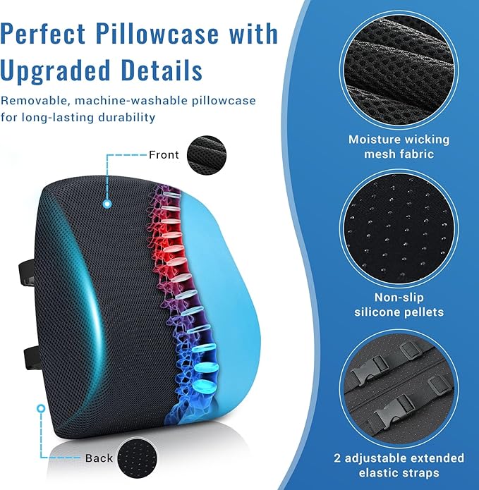 Lumbar Support Pillow for Office Chair Car Seat Cushion for Lower Back Sciatica Pain Relief Firm Memory Foam Pillows Wedge Chairs Cushions with Dual Straps (Mesh Black)