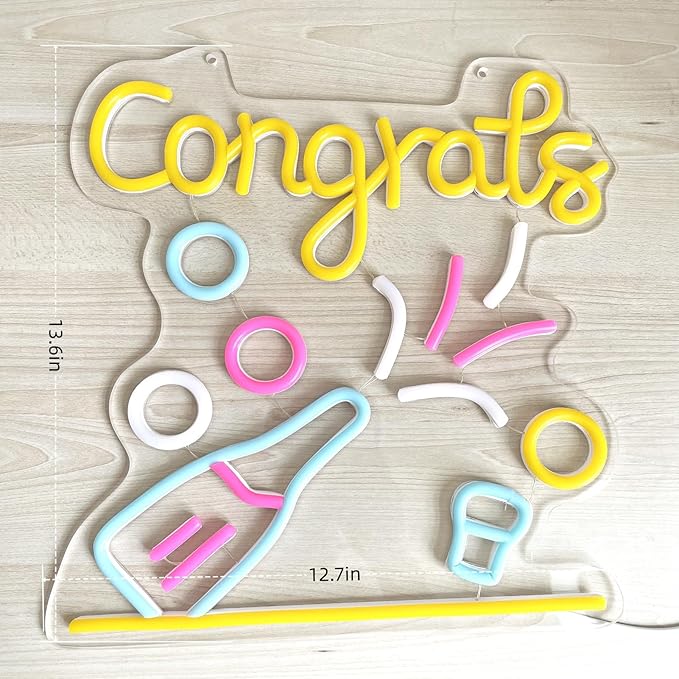 Congrats Neon Grad Sign for Graduation, Wedding, Birthday - Multi-color Lights, 13.6 * 12.7Inch