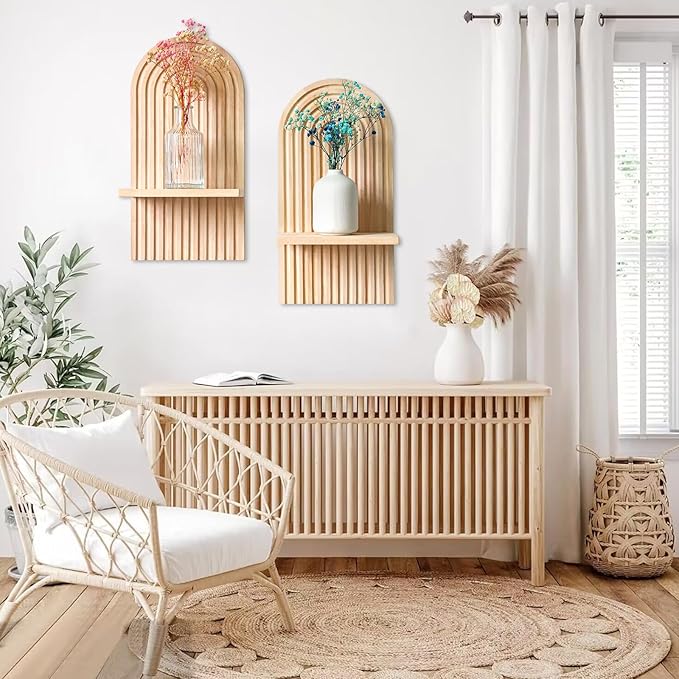 YIYA 2 Pcs Boho Wooden Rainbow Wall Shelves Floating Shelves for Wall Rainbow Arch Boho Floating Shelves Modern Boho Wall Shelf for Living Rooms Bathroom Display, Beige