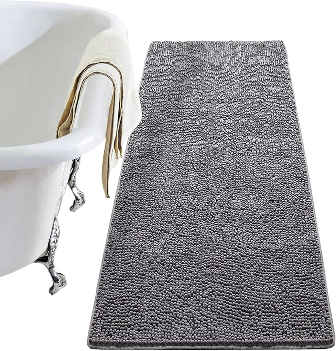 LOCHAS Luxury Bathroom Rug Shaggy Bath Mat 24 x 70 Inch, Washable Non Slip Bath Rugs for Bathroom Shower, Soft Plush Chenille Absorbent Carpets Mats, Gray
