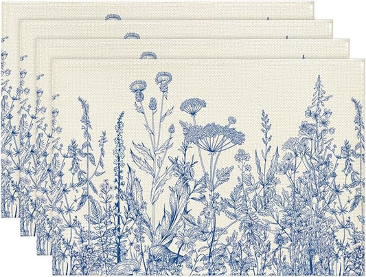 Artoid Mode Blue Antique Herbs and Wild Flowers Spring Placemats Set of 4, 12x18 Inch Seasonal Table Mats for Party Kitchen Dining Decoration