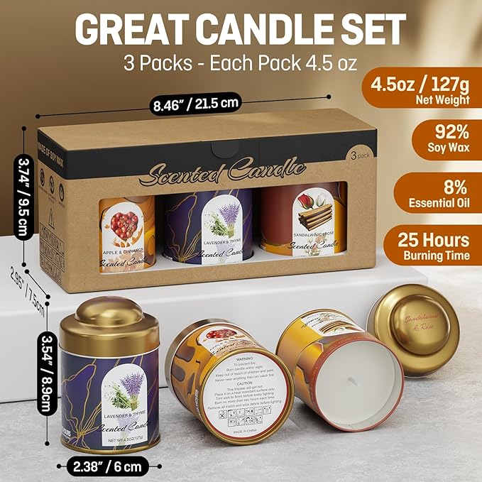3-Pack Aromatherapy Candle Set - Lavender & Thyme, Apple & Cinnamon, Sandalwood & Rose Scented Candles 4.5oz Each | 25+ Hour Relaxing Long-Lasting Burn | Soy Candles for Home, Gifts & Christmas