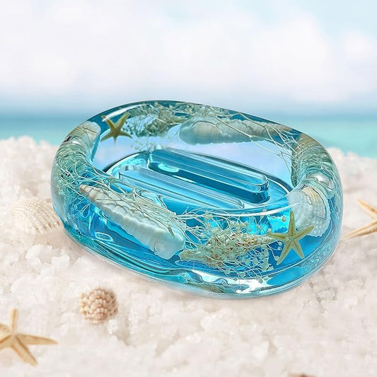 FONMY Soap Dish Acrylic w/Nature Seashell Bar Soap Holder Shower Soap Tray for Home, Camping Travel, Dry Stop soap Saver for Bathroom Vanity Countertop Office Unique Gifts and Home Decoration (Blue)