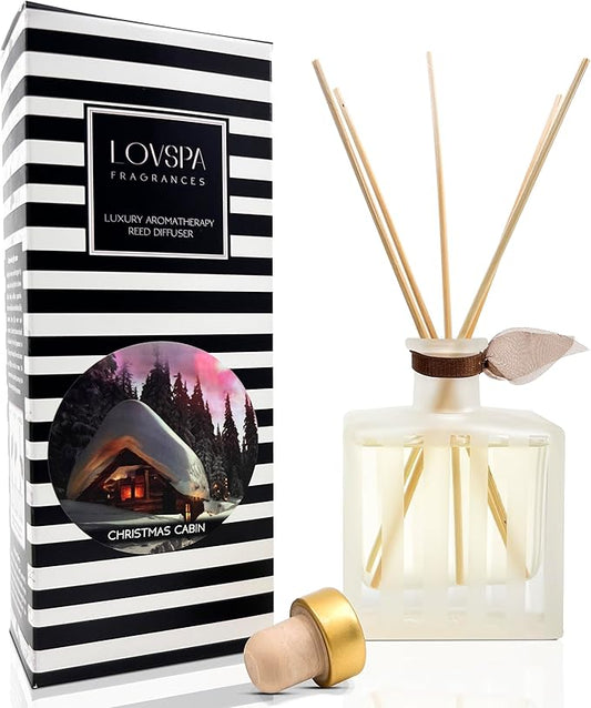 LOVSPA Christmas Cabin Essential Oil Reed Diffuser Gift Set | A Blend of White Birch Bark and Smoked Vanilla Bean | A Woodsy Holiday Favorite | Modern Striped Glass Bottle | Made in The USA