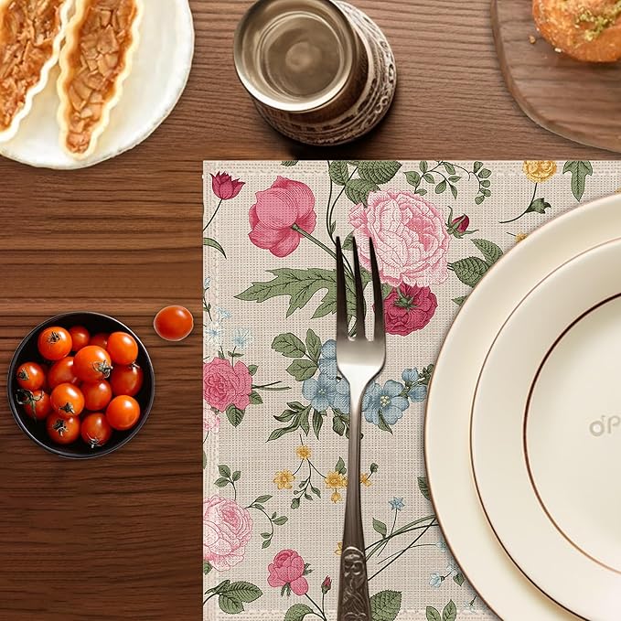 Summer Floral Placemats Set of 6,Washable Heat Resistant 12×18 Inch Linen Table Mats Vintage Rose Place Mats for Summer Party Outdoor Dining Decor