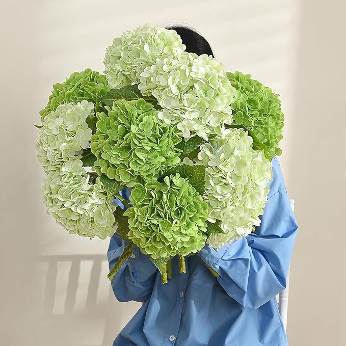 MARTINE MALL 2Pcs 21in Hydrangea Artificial Flowers, Latex Real Touch Hydrangeas Lifelike Large Hydrangea Flowers for Home Decor Party Arrangements Wedding Bouquets Centerpieces (Light Green)