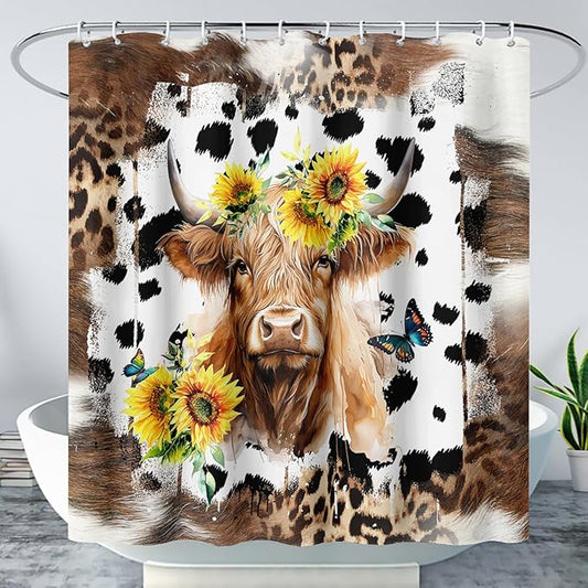 AILONEN Yak Shower Curtains for Kids Boys Girls,Highland Cattle Sunflower Cow Fur Print Bath Curtains for Bathroom Decor,Polyester Waterproof with 12 Plastic Hooks 72" W*96" H