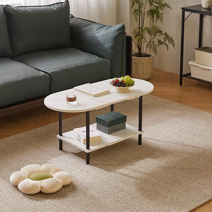 2 Tier Coffee Table with Open Storage Shelf, Oval Wood Tea Table 17 inch high, Small Table for Small Space Apartment White Faux Marble + Black YD-011M