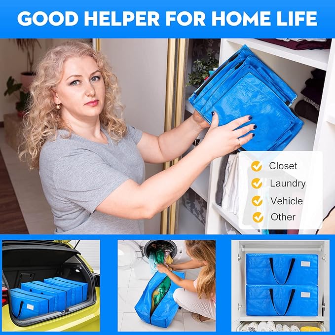 AlexHome Heavy Duty,Extra Large Packing Bags for Moving,Reusable Plastic Moving Totes,Clothes Storage Containers,Moving Supplies Bins,Compatible with Ikea Frakta Cart (Blue,Set of 5)