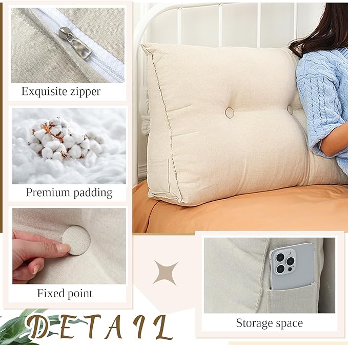 Wenqik Wedge Pillow Triangular Dorm Headboard Bed Rest Reading Backrest Back Support Long Bolster Pillow with Removable Cover for Dorm Room Supplies(Beige,Queen (59 x 20 x 8 Inch))