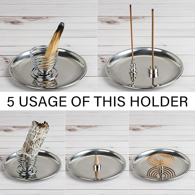ZenBless 5 in 1 Incense Burner Holder, Palo Santo Holder, Sage Holder,Incense Sticks/Coil/Cones, 5.5 inches Brass Ash Catcher for Meditation Yoga Room(Silver)