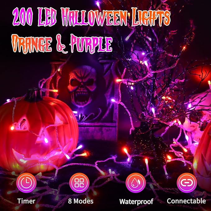 JXLEDAYY 66 FT 200 LED Halloween Lights Outdoor Decorations Waterproof Fairy String Lights Plug in with Remote Timer 8 Modes for Outside House Tree Bush Garden Yard Party Decor-Purple & Orange