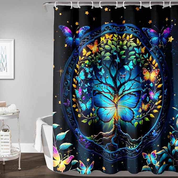 AILONEN Tree of Life Shower Curtain for Bathroom,Glowing Butterfly Starry Bath Curtain,Modern Tree Floral Print Curtain Decoration Waterproof with 12 Plastic Hooks for Boys Girls Adults 48" W*72" H