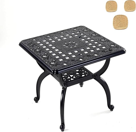 Mandolin Outdoor Patio,Rust -Resistant Cast Aluminum Side Table,Weather Resistant End Table，Coffee Table， Perfect for Patio, Backyard Or Garden. W 20.8" X H18.5(Aluminum Square, Black)