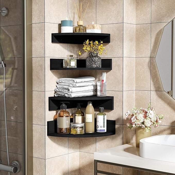 Alsonerbay Black Corner Wall Shelf, Floating Shelves Wall Mount Set of 4, Rustic Wood Shelves for Bedroom, Living Room, Bathroom, Entryway, Garage