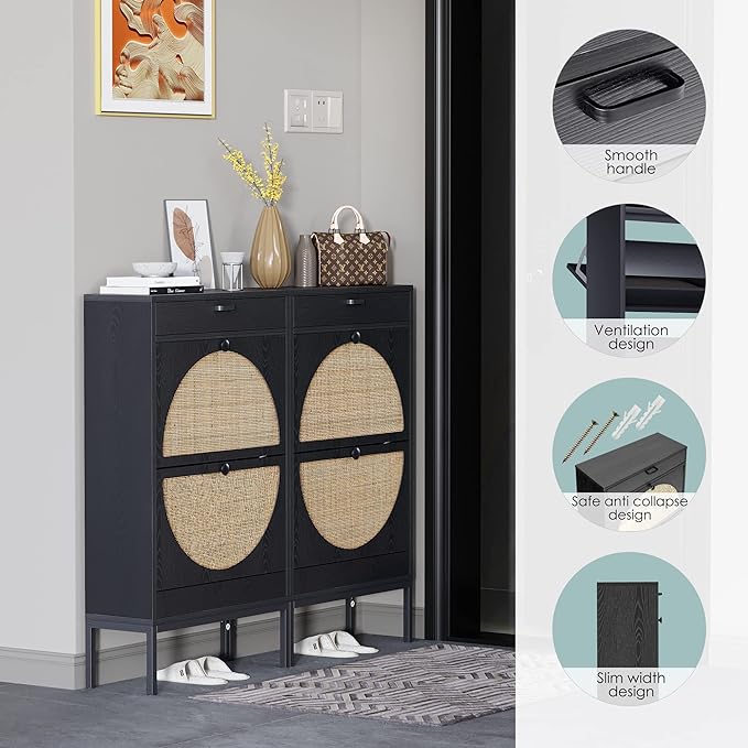 Yechen Shoe Rack Storage Organizer with 2 Natural Semi-Circular Rattan Doors, Entryway Wooden Shoe Cabinet for Sneakers, Leather Shoes,Heels (2 Piece, Black)