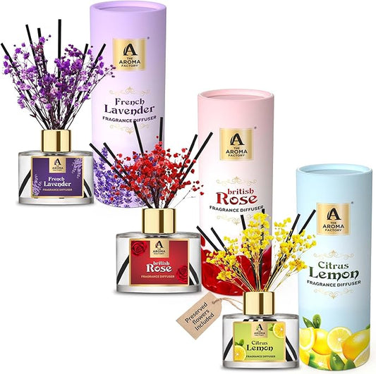 The Aroma Factory Fragrance Reed Diffuser Set with Essential Oil, Aroma Sticks & Preserved Flowers | Luxury Home Decor Scent (French Lavender,British Rose & Citrus Lemon, 3 Pack)