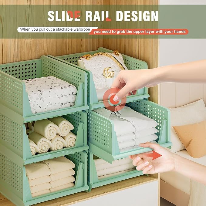 Neprock Closet Organizers - 5 Pack Folding Plastic Drawer Storage for Clothes, Stackable Bins for Closet, Cupboard, RV Bathroom (5L Green)