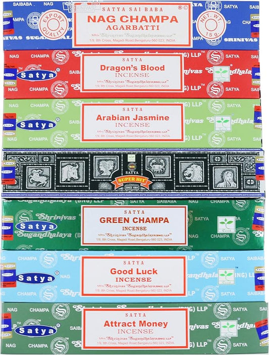 Satya Incense Sticks Gift Set, 7 Scents, Nag Champa, Super Hit, Dragon's Blood, Sandalwood, Patchouli, Lavender, Positive Vibes, 15g Each (Relaxation Mix)
