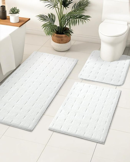 ILANGO White Bathroom Rugs Sets 3 Piece, Soft Shaggy Bath Rugs and U-Shaped Toilet Mats Non Slip Washable, Absorbent Accessories Bath Mats for Bathroom Floor, Tub and Shower