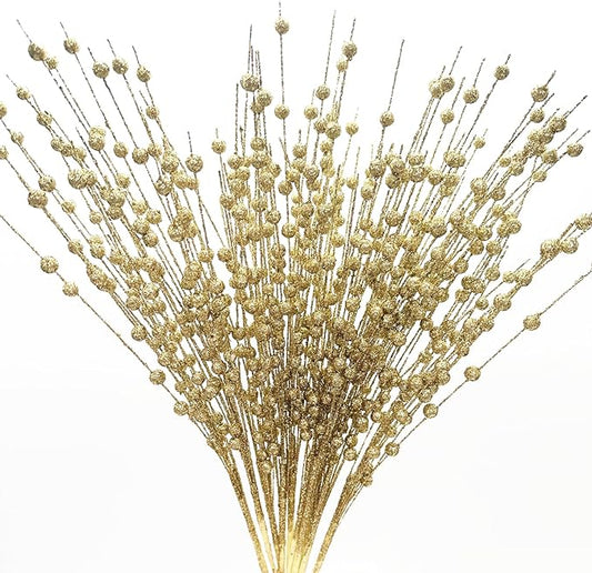 Artificial Glitter Berry Stem Ornaments, Gold Bright Berries Decorative Bead Sticks, Picks Branches Glittery Twigs for Home Christmas Tree Vase Holiday Wedding Party Decor - 17 Inch Golden 10 Pack