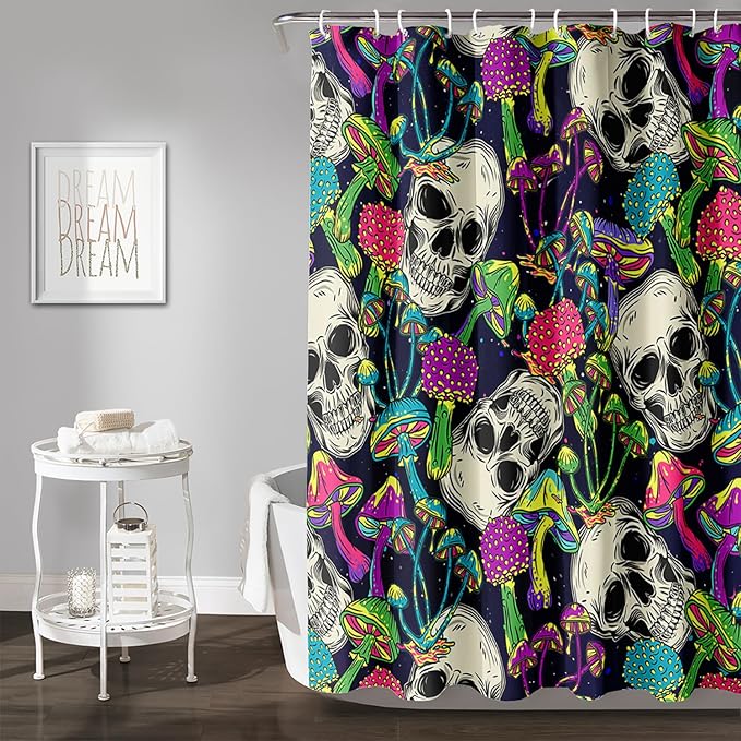 AILONEN Skull Shower Curtain for Bathroom,Mushroom Skull Bath Curtain Decoration,Fantasy Fungus Skeleton Print Waterproof Black Curtain with 12 Plastic Hooks, 72" W*72" H