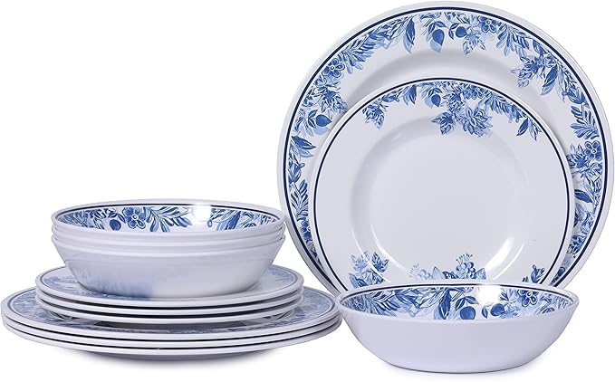 Melamine Dinnerware Sets-12pcs floral dinnerware set Service for 4,Dishwasher Safe, Break-resistant, Indoor and Outdoor Use,Reusable,Traditional Flower
