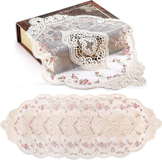 AVLA 6 Pack Lace Placemats, Retro French Style Cup Mat, Embroidered Dinning Table Place Mats, Fashionable Flower Vintage Crochet Lunchmat Doilies, Hollow Vase Mat for Home Kitchen Wedding Decoration