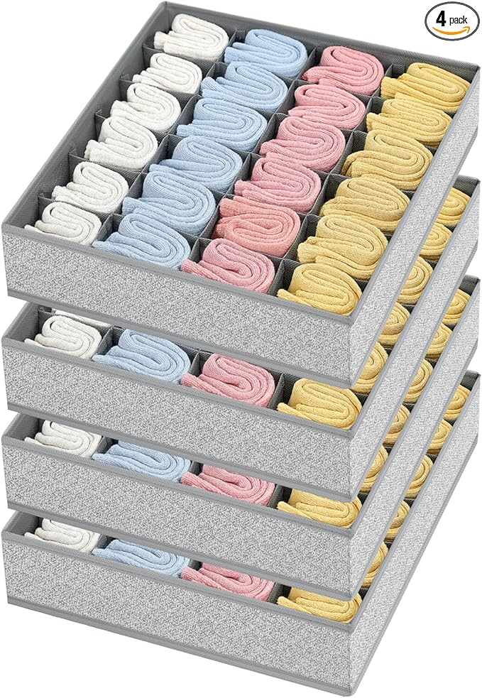 Joyoldelf Sock Drawer Organizer Divider Underwear Organizer 24-cell Fabric Dresser Drawer Organizers Storage Boxes for Socks Lingerie, Handkerchiefs, Ties 4 Pack (Gray)