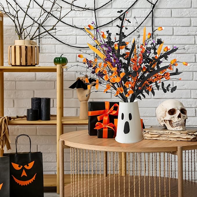 Sggvecsy 6 Pcs Artificial Halloween Stem with Berries Teeth Black Orange Leaves Faux Picks Decorative Twigs for Flower Arrangemant Table Centerpiece Halloween DIY Crafts Festival Home Decoration